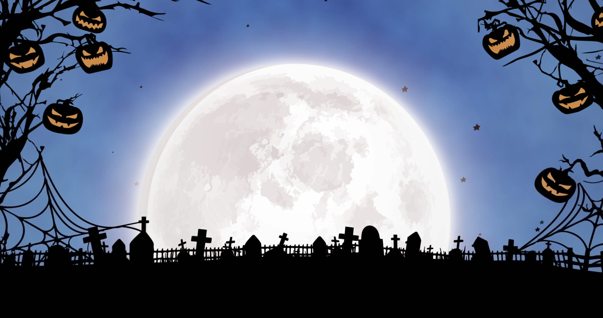image of jack o lanterns hanging on branches halloween cemetery and moon on blue background